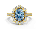 Yellow gold Fancy Blue Oval  Halo Milgrain Pave Diamond Ring with Four-Prong Setting 1