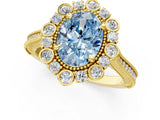 Yellow gold Fancy Blue Oval  Halo Milgrain Pave Diamond Ring with Four-Prong Setting 2