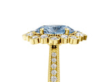 Yellow gold Fancy Blue Oval  Halo Milgrain Pave Diamond Ring with Four-Prong Setting