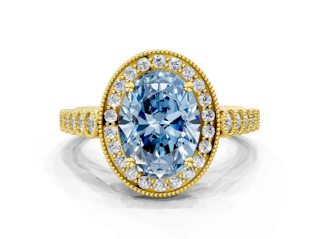 Yellow gold Fancy Blue Oval  Halo Milgrain Solitaire with Bezel Set Side Stones and Pave Band_32