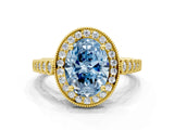 Yellow gold Fancy Blue Oval  Halo Milgrain Solitaire with Bezel Set Side Stones and Pave Band_32