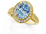 Yellow gold Fancy Blue Oval  Halo Milgrain Solitaire with Bezel Set Side Stones and Pave Band_33