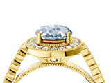 Yellow gold Fancy Blue Oval  Halo Milgrain Solitaire with Bezel Set Side Stones and Pave Band_36