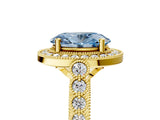 Yellow gold Fancy Blue Oval  Halo Milgrain Solitaire with Bezel Set Side Stones and Pave Band_37