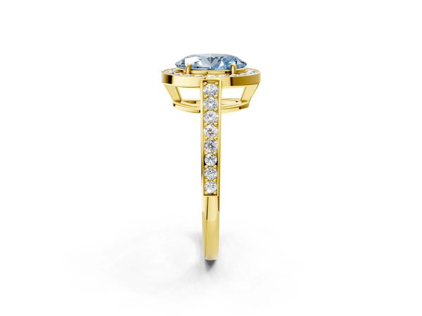 Yellow gold Fancy Blue Oval  Halo Pavé Diamond Engagement Ring with Bezel Setting
