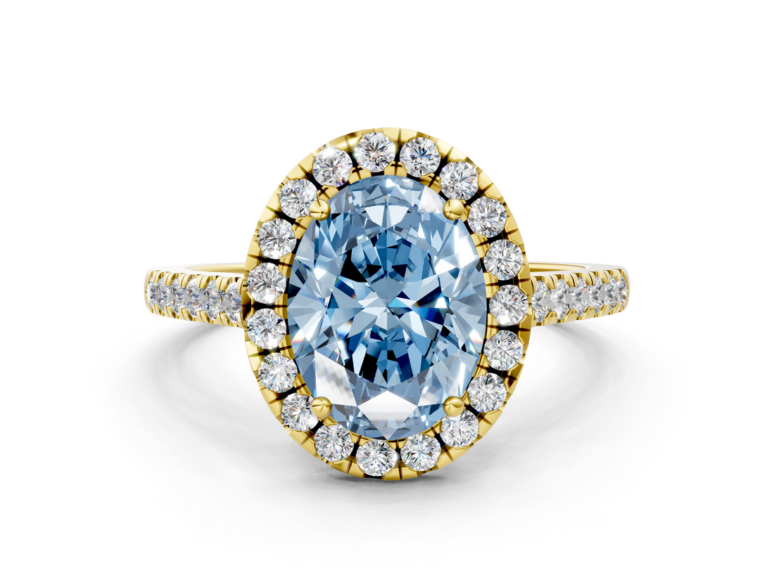 Yellow gold Fancy Blue Oval  Halo Pavé Diamond Engagement Ring with Four-Prong Setting_3