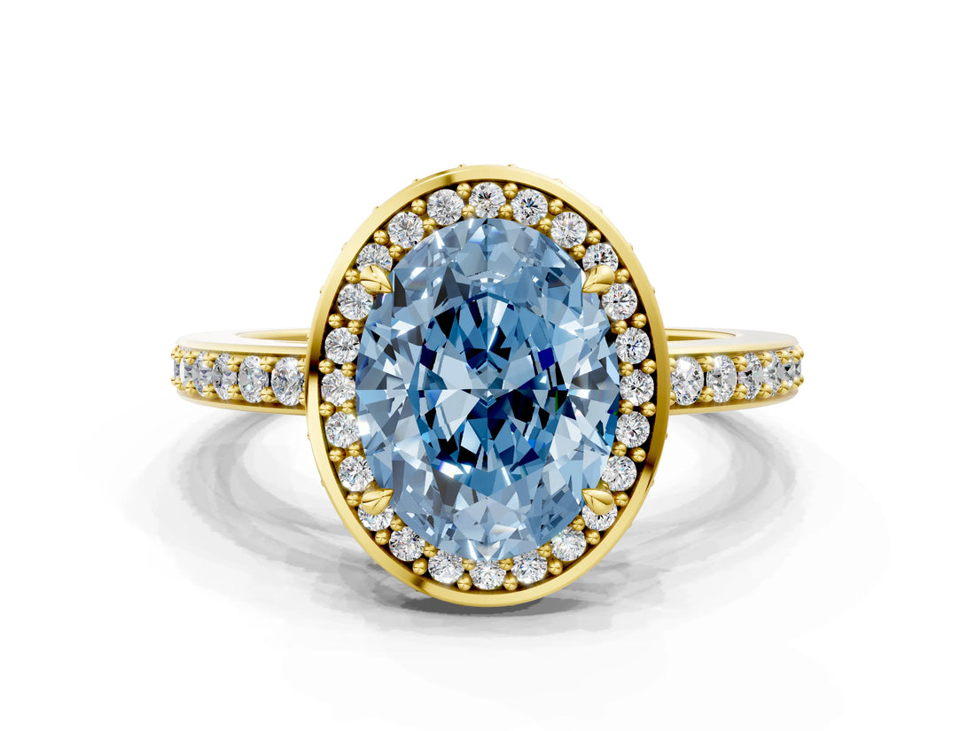 Yellow gold Fancy Blue Oval  Halo Pave Band Solitaire Ring with Prong Setting_65