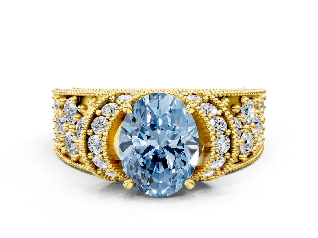Yellow gold Fancy Blue Oval  Halo Pave Diamond Engagement Ring with Milgrain Detailing_49