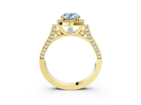 Yellow gold Fancy Blue Oval  Halo Pave Split Shank Prong Setting Ring