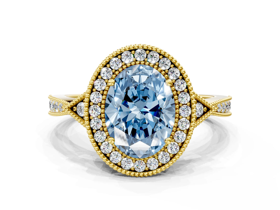 Yellow gold Fancy Blue Oval  Halo Round Diamond Milgrain Pave Engagement Ring_3