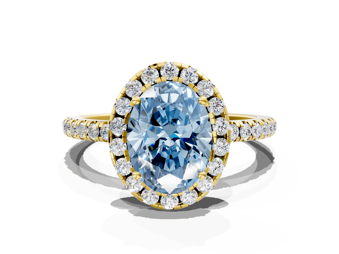 Yellow gold Fancy Blue Oval  Halo Round Diamond Pavé Band Four-Prong Ring_3