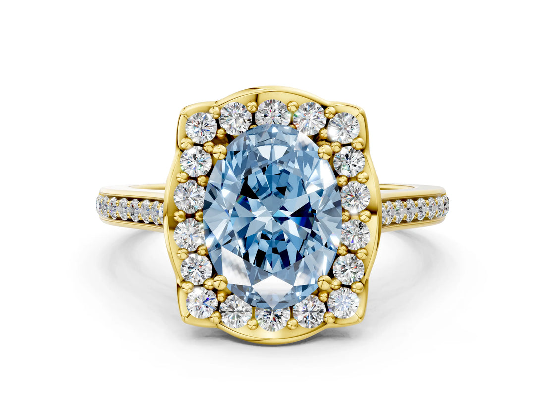 Yellow gold Fancy Blue Oval  Halo Round Diamond Pave Band with Four-Prong Setting_39