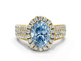 Yellow gold Fancy Blue Oval  Halo Round Diamond Pave Band with Prong Setting 1
