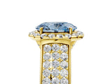 Yellow gold Fancy Blue Oval  Halo Round Diamond Pave Band with Prong Setting