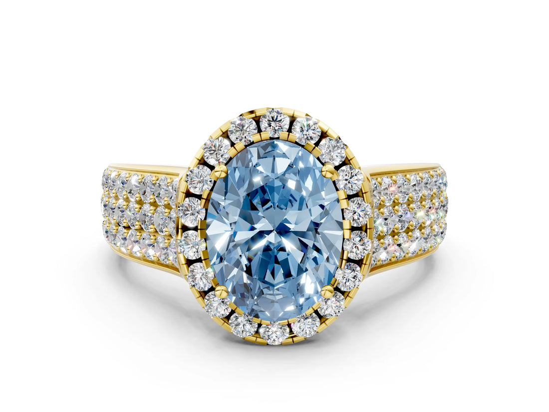 Yellow gold Fancy Blue Oval  Halo Round Diamond Pave Band with Prong Setting_12