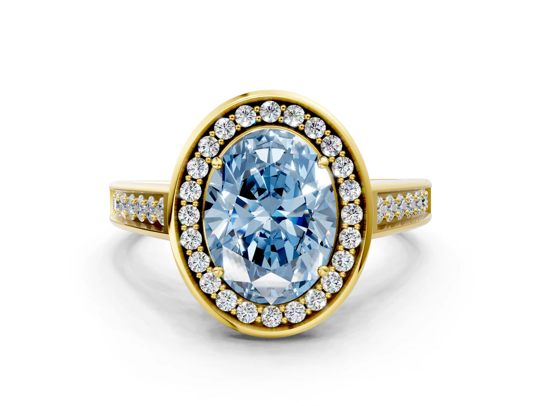 Yellow gold Fancy Blue Oval  Halo Solitaire Diamond Ring with Pave Band and Bezel Setting_49