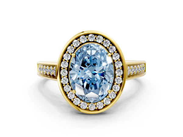 Yellow gold Fancy Blue Oval  Halo Solitaire Diamond Ring with Pave Band and Bezel Setting
