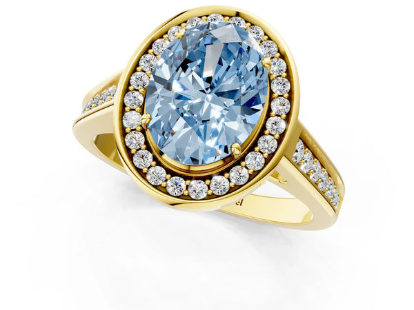 Yellow gold Fancy Blue Oval  Halo Solitaire Diamond Ring with Pave Band and Bezel Setting