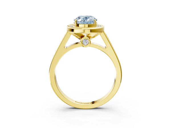 Yellow gold Fancy Blue Oval  Halo Solitaire Diamond Ring with Pave Band and Bezel Setting