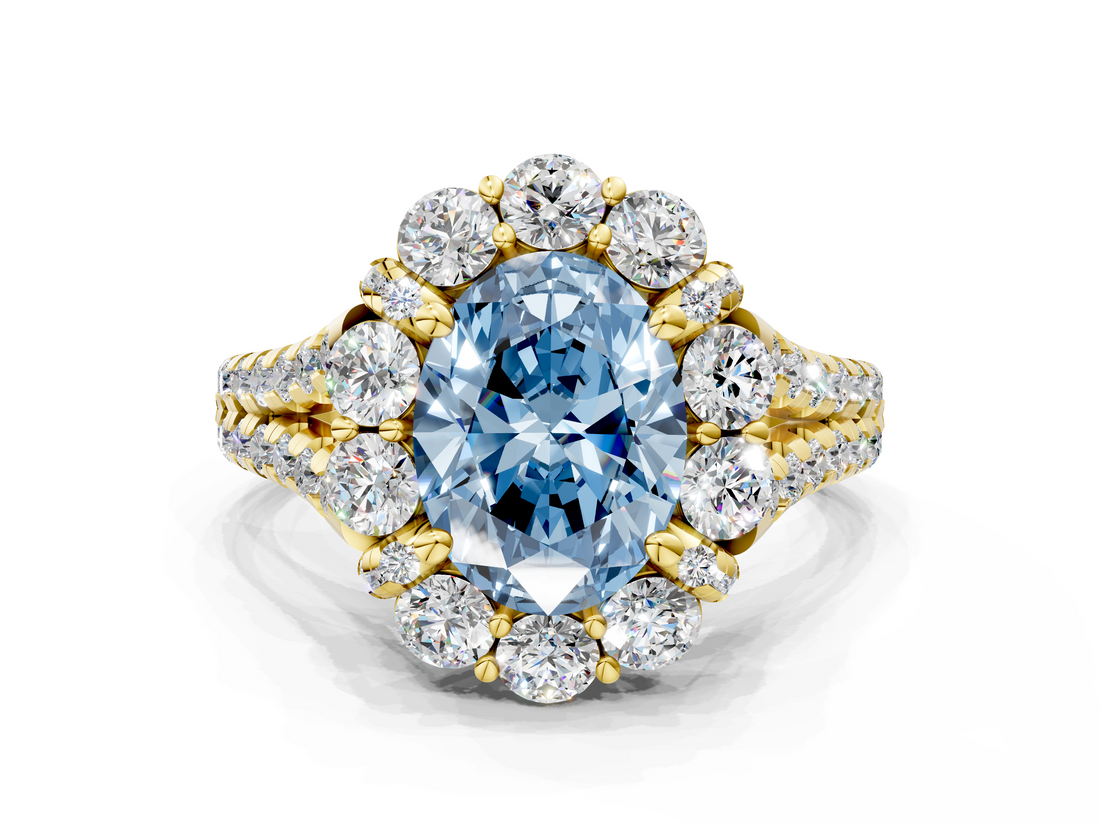 Yellow gold Fancy Blue Oval  Halo Split Shank Diamond Engagement Ring with Pave Band and Four-Prong Setting_53