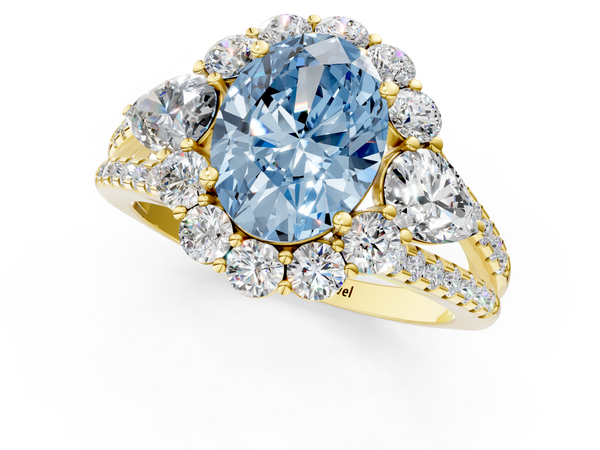 Yellow gold Fancy Blue Oval  Halo Split Shank Diamond Engagement Ring with Prong Setting