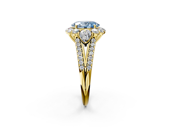 Yellow gold Fancy Blue Oval  Halo Split Shank Diamond Engagement Ring with Prong Setting