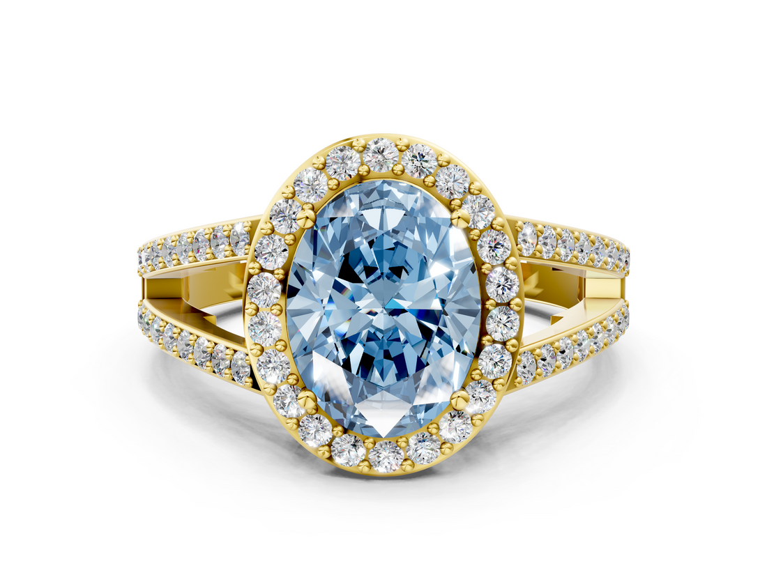 Yellow gold Fancy Blue Oval  Halo Split Shank Diamond Ring with Four-Prong Setting_32