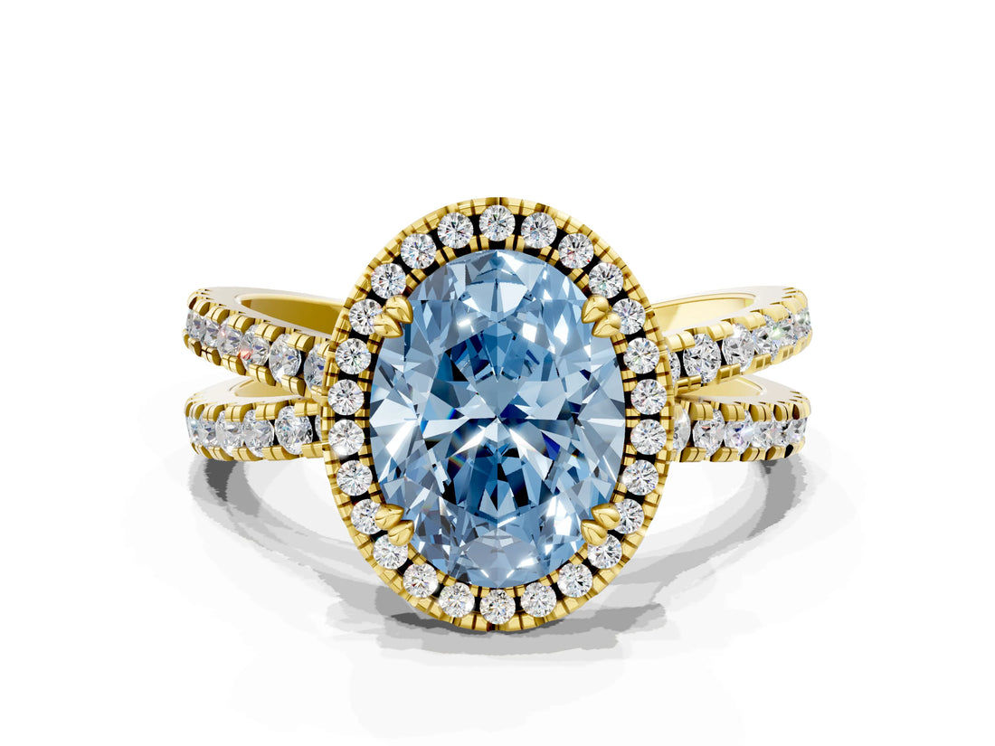 Yellow gold Fancy Blue Oval  Halo Split Shank Diamond Ring with Pavé Setting_26
