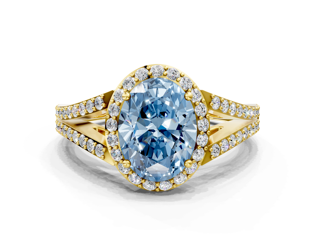 Yellow gold Fancy Blue Oval  Halo Split Shank Diamond Ring with Prong Setting_20
