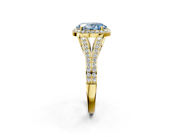 Yellow gold Fancy Blue Oval  Halo Split Shank Diamond Ring with Prong Setting
