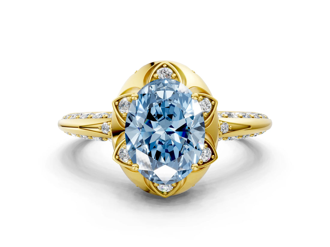 Yellow gold Fancy Blue Oval  Halo Split Shank Pave Diamond Ring with Petal Prong Setting_19