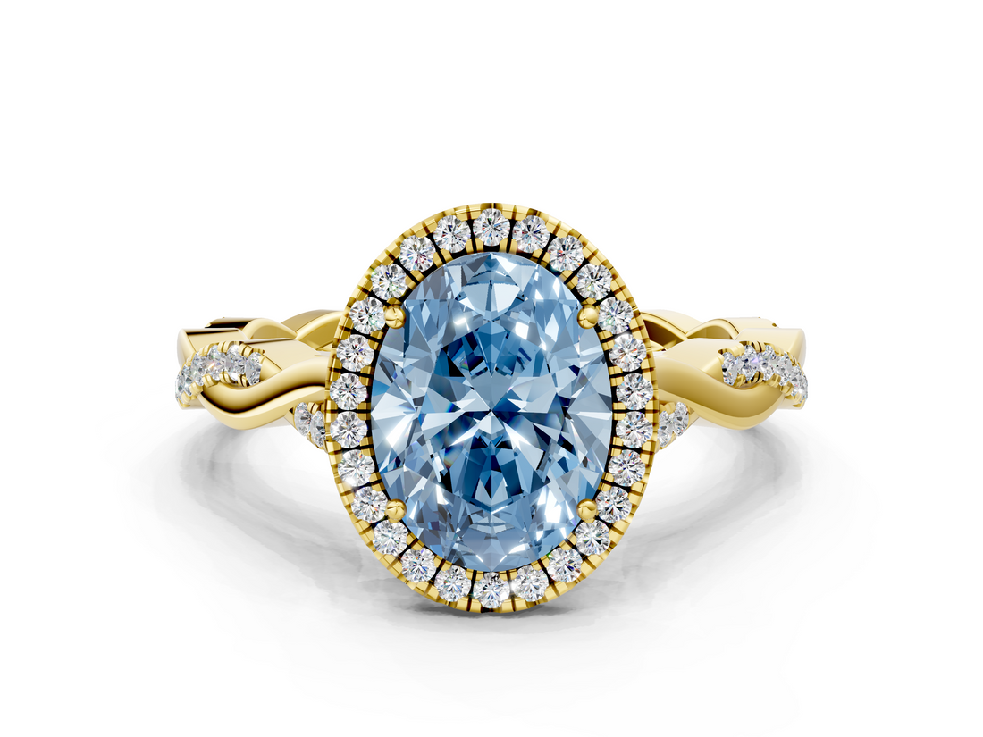 Yellow gold Fancy Blue Oval  Halo Twist Band Solitaire Ring_20