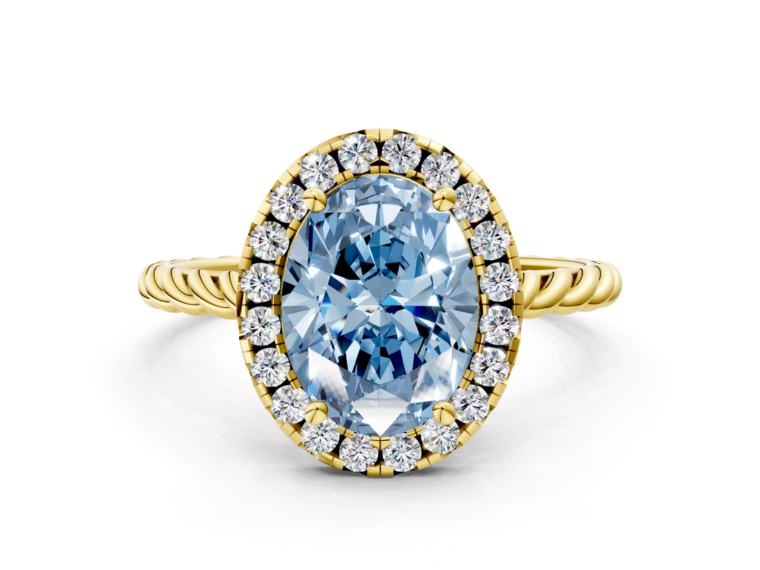 Yellow gold Fancy Blue Oval  Halo Twisted Band Four-Prong Diamond Ring_20