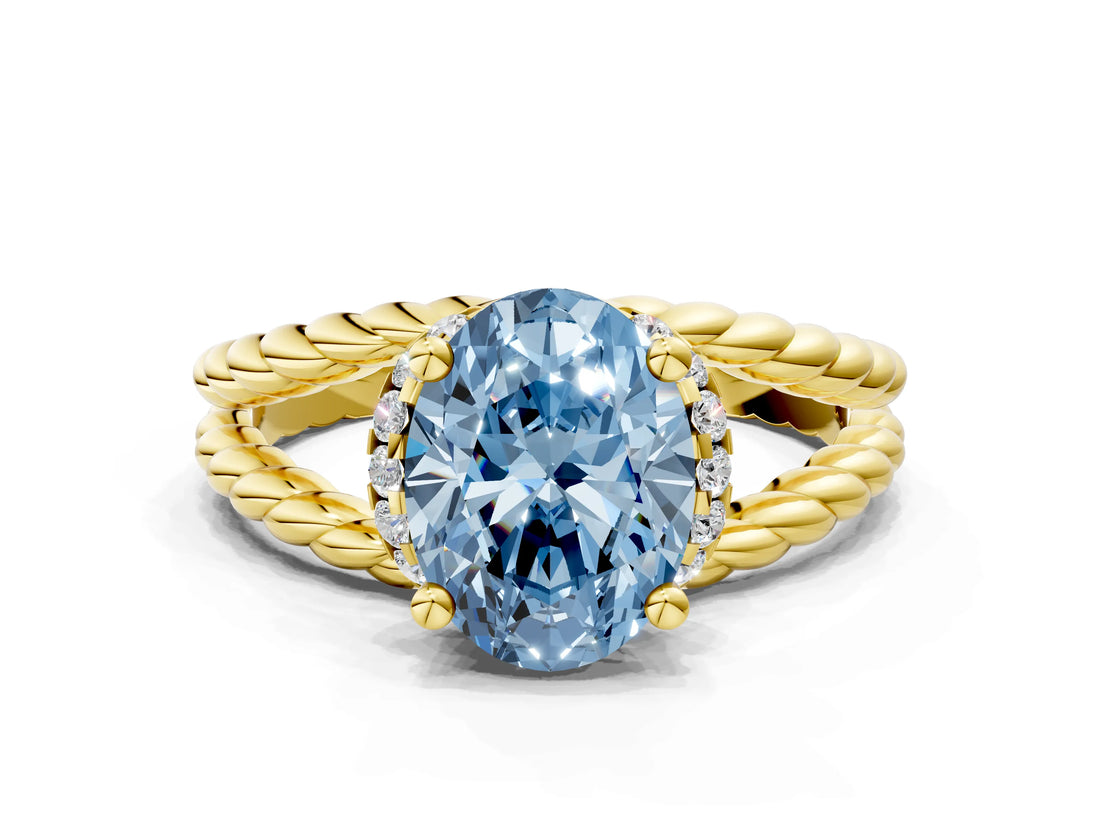 Yellow gold Fancy Blue Oval  Halo Twisted Band Four-Prong Ring_52