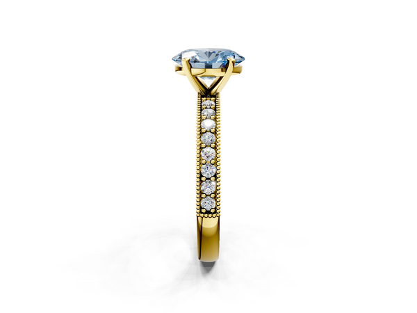 Yellow gold Fancy Blue Oval Cut Diamond Milgrain Pavé Engagement Ring with Four-Prong Setting