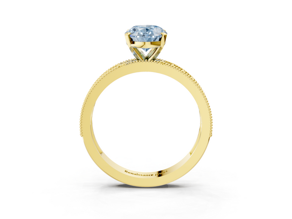 Yellow gold Fancy Blue Oval Cut Diamond Milgrain Pavé Engagement Ring with Four-Prong Setting