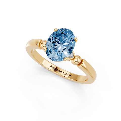 Yellow gold Fancy Blue Oval  Solitaire Beaded Band with Four-Prong Setting_3