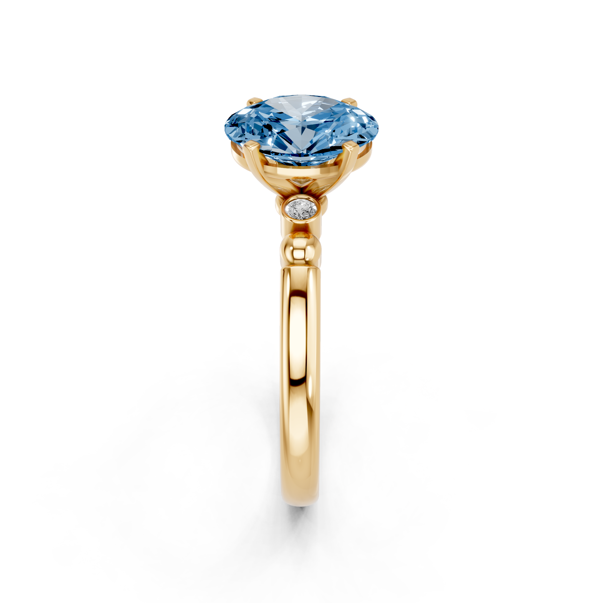 Yellow gold Fancy Blue Oval  Solitaire Beaded Band with Four-Prong Setting_4