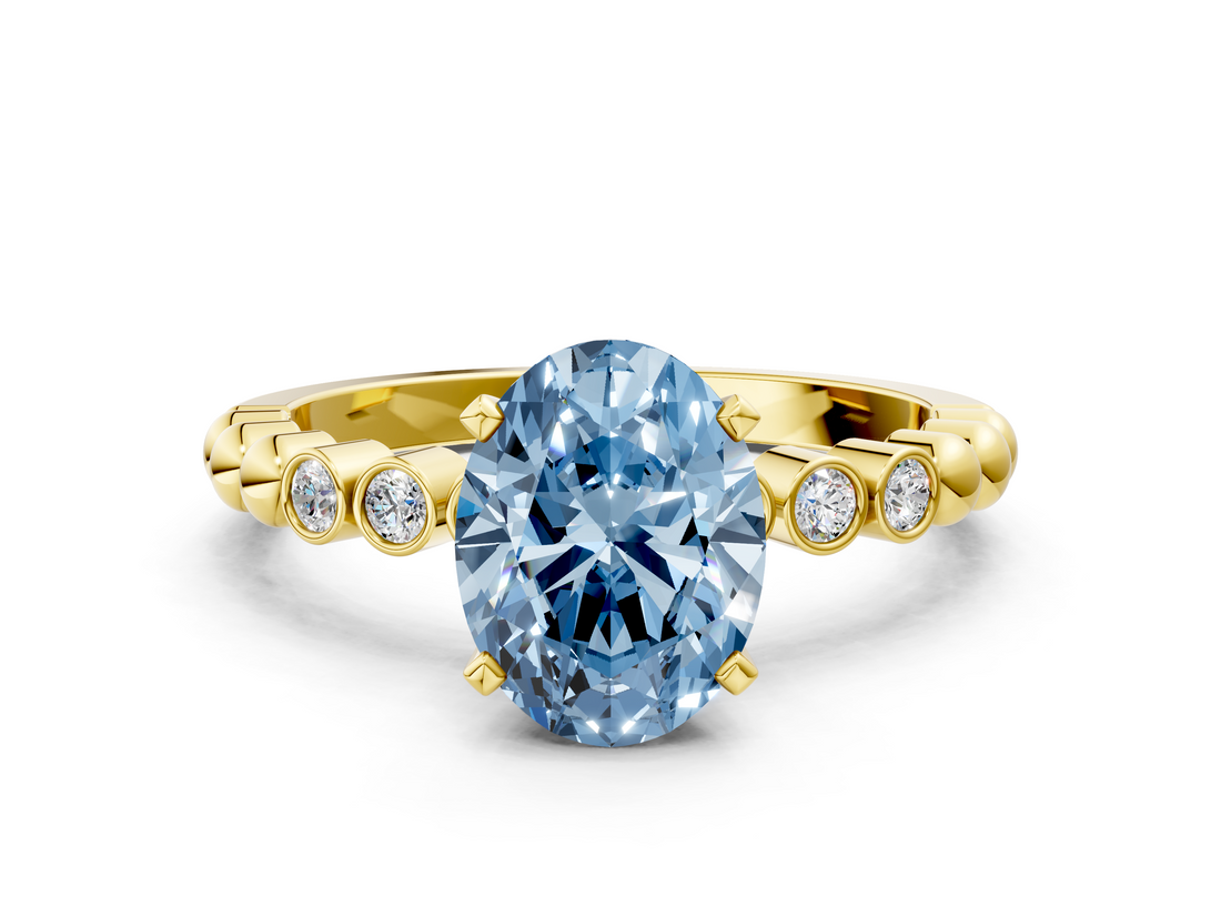 Yellow gold Fancy Blue Oval  Solitaire Bezel Accent Diamond Engagement Ring with Beaded Band and Four-Prong Setting_41