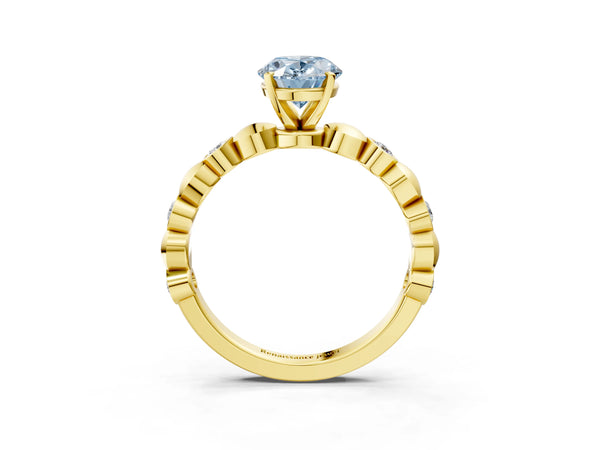 Yellow Gold Oval Engagement Ring Setting for Fancy Blue Center with Bezel Station Beaded Band