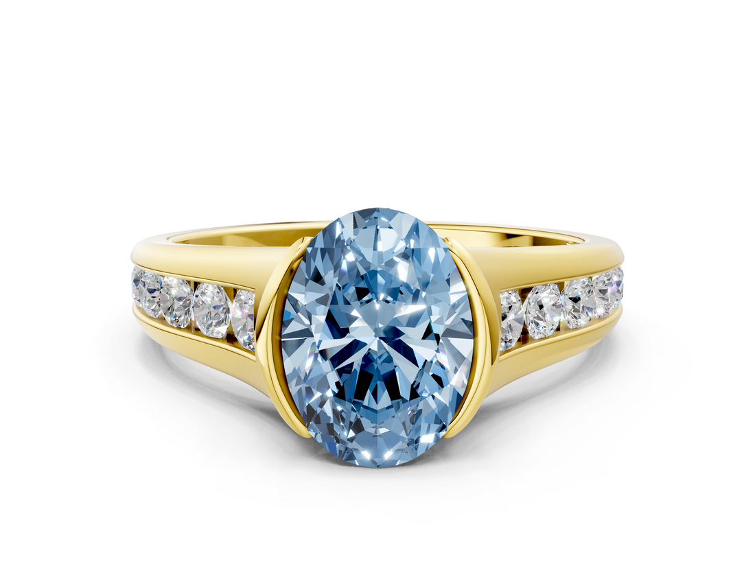 Yellow gold Fancy Blue Oval  Solitaire Bezel-Set Diamond Ring with Channel-Set Band_20