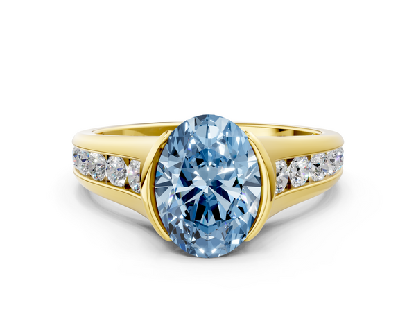 Yellow Gold Oval Half Bezel Engagement Ring Setting for Fancy Blue Center