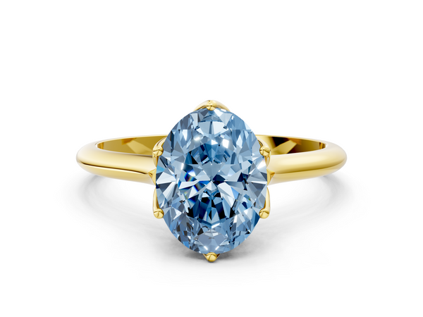 Yellow gold Fancy Blue Oval  Solitaire Cathedral Diamond Ring with Six-Prong Setting