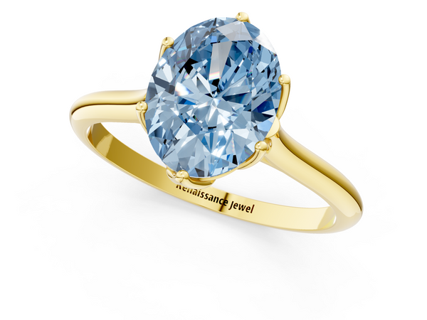 Yellow gold Fancy Blue Oval  Solitaire Cathedral Diamond Ring with Six-Prong Setting
