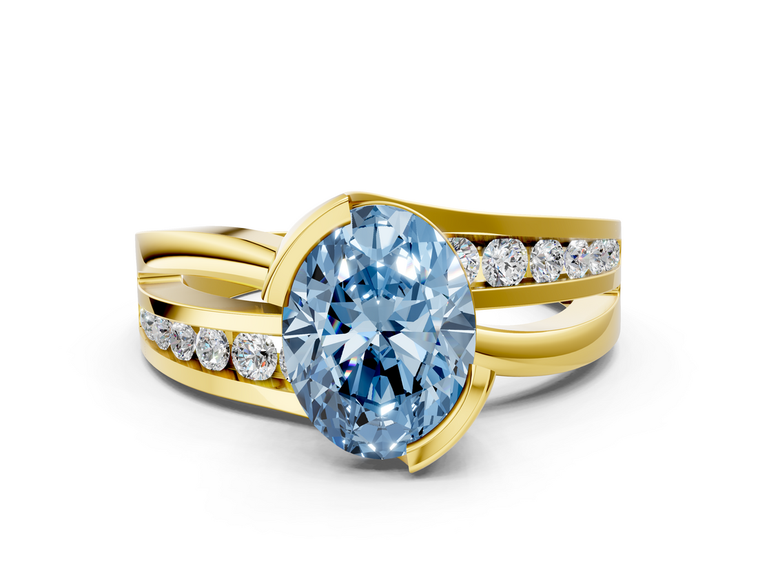 Yellow gold Fancy Blue Oval  Solitaire Channel-Set Split Shank Ring with Tension Prong Setting_3