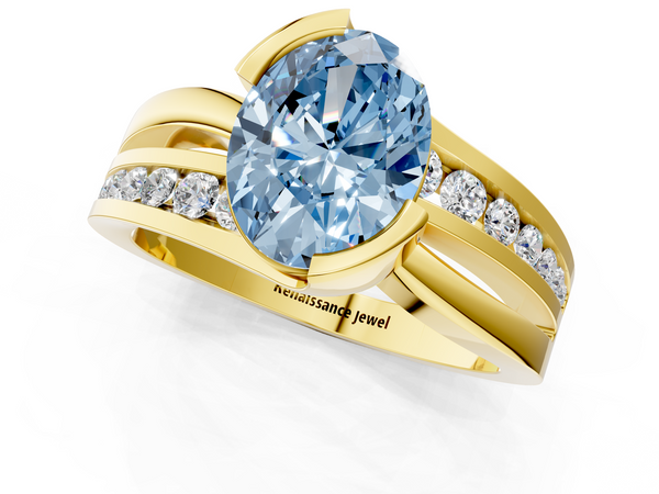 Yellow gold Fancy Blue Oval  Solitaire Channel-Set Split Shank Ring with Tension Prong Setting