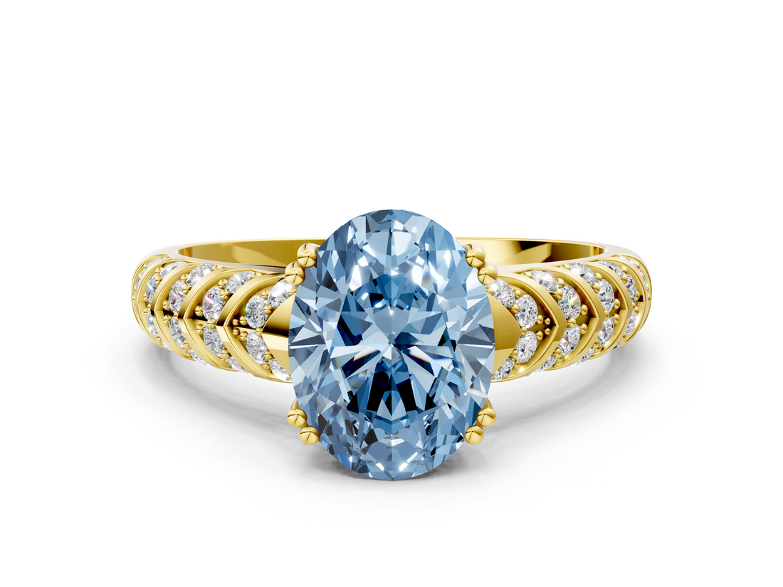 Yellow gold Fancy Blue Oval  Solitaire Chevron Pave Diamond Engagement Ring with Six-Prong Setting_3