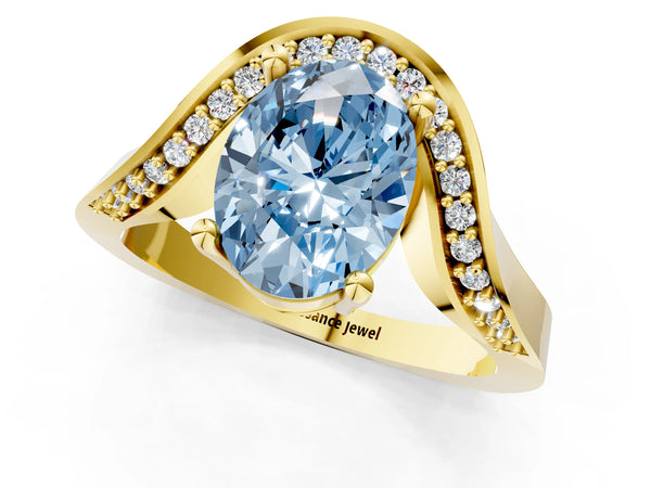 Yellow Gold Oval Bypass Solitaire Engagement Ring Setting for Fancy Blue Center with Pave Wave Band