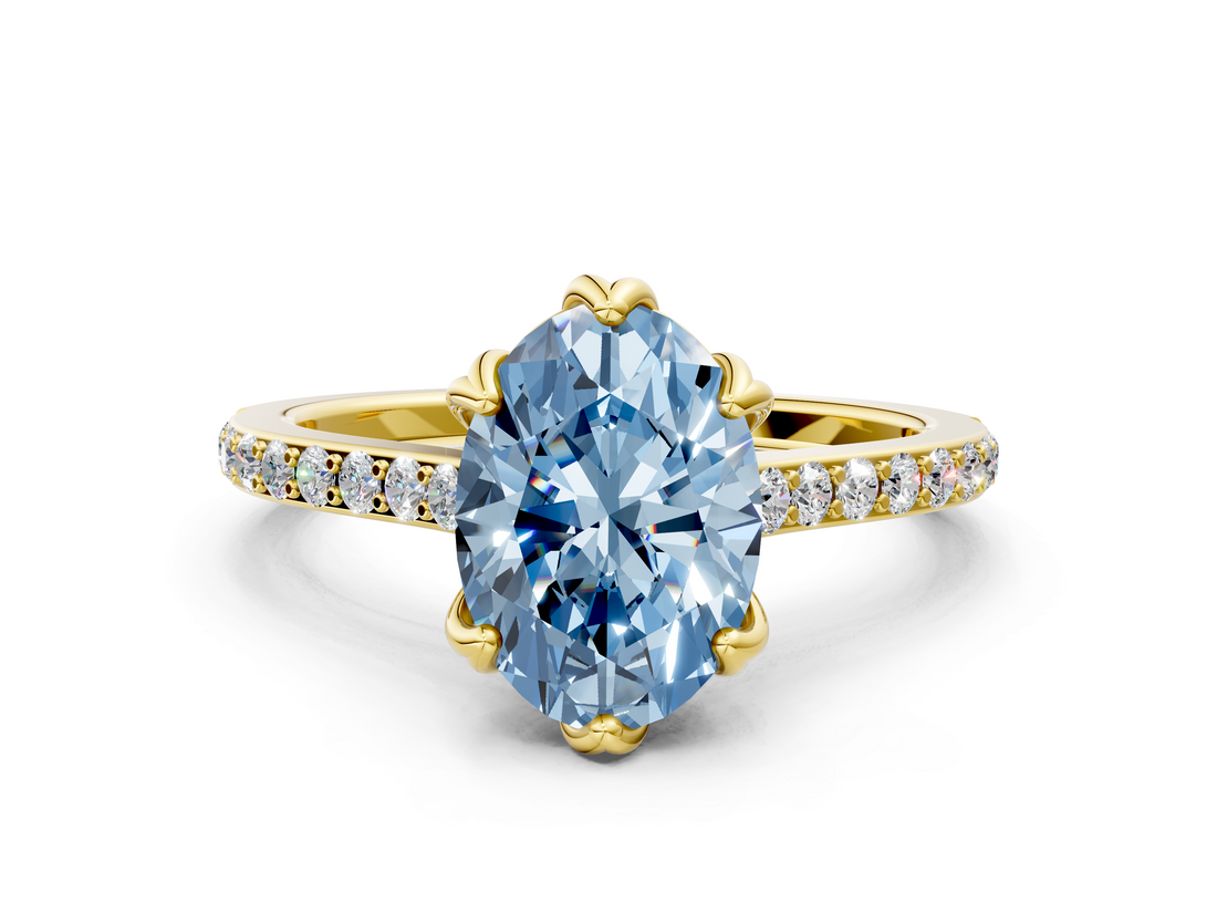 Yellow gold Fancy Blue Oval  Solitaire Diamond Engagement Ring with Pave Band and Six-Prong Setting_20