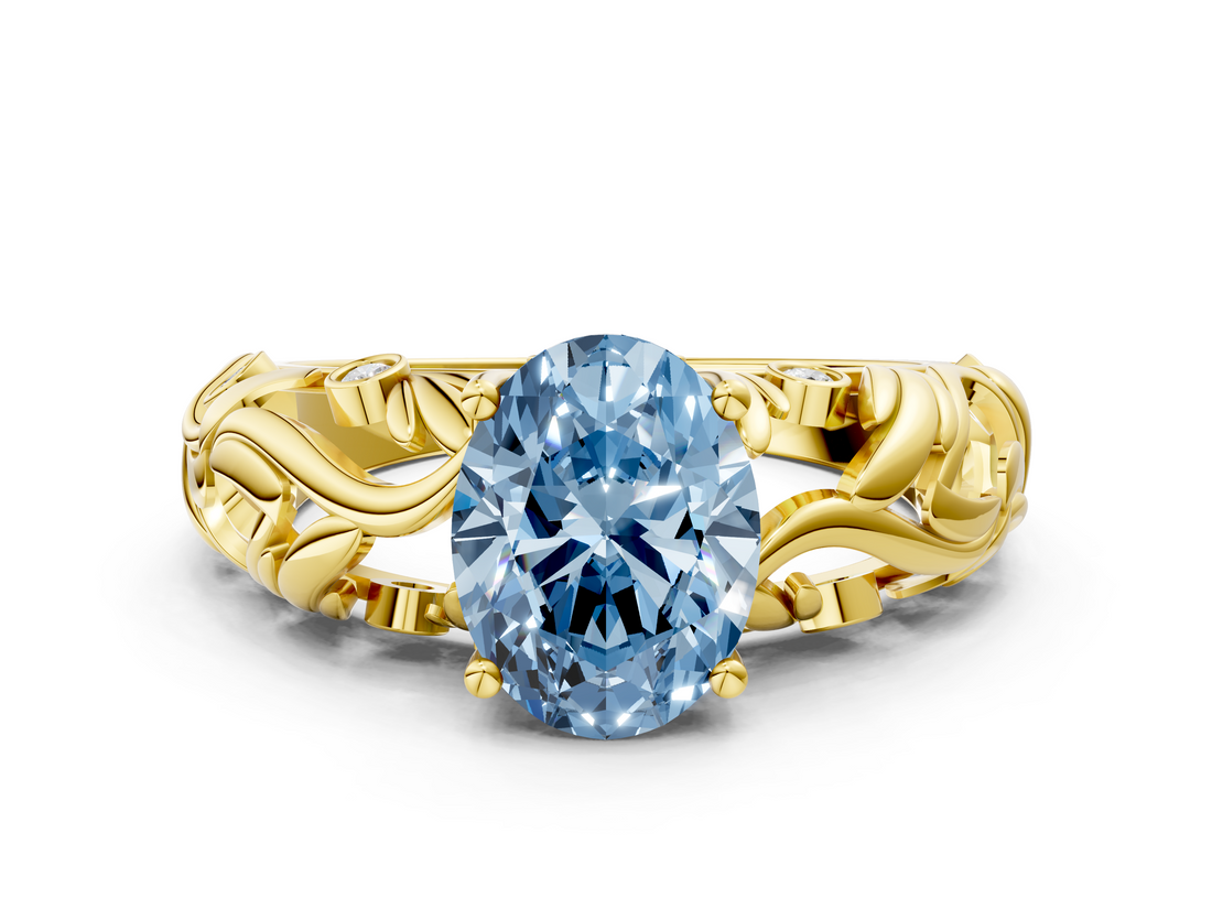 Yellow gold Fancy Blue Oval  Solitaire Diamond Leaf Vine Band with Prong Setting_46